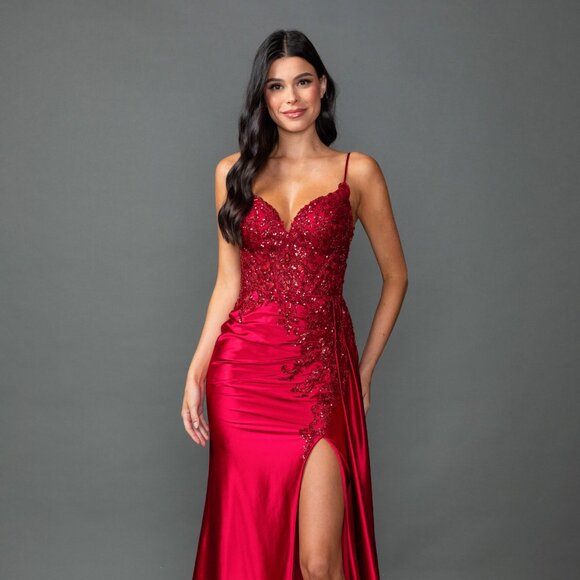 New Burgundy Long Evening Sheath Gown w/ Side Drape & Sexy Leg Slit DQ 4552 - Picture 3 of 8